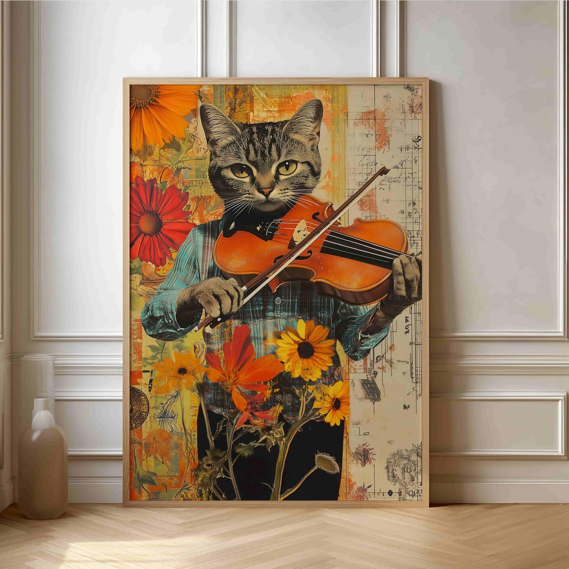 Tabby Cat Playing Violin with Sunflowers Whimsical Collage Poster Art