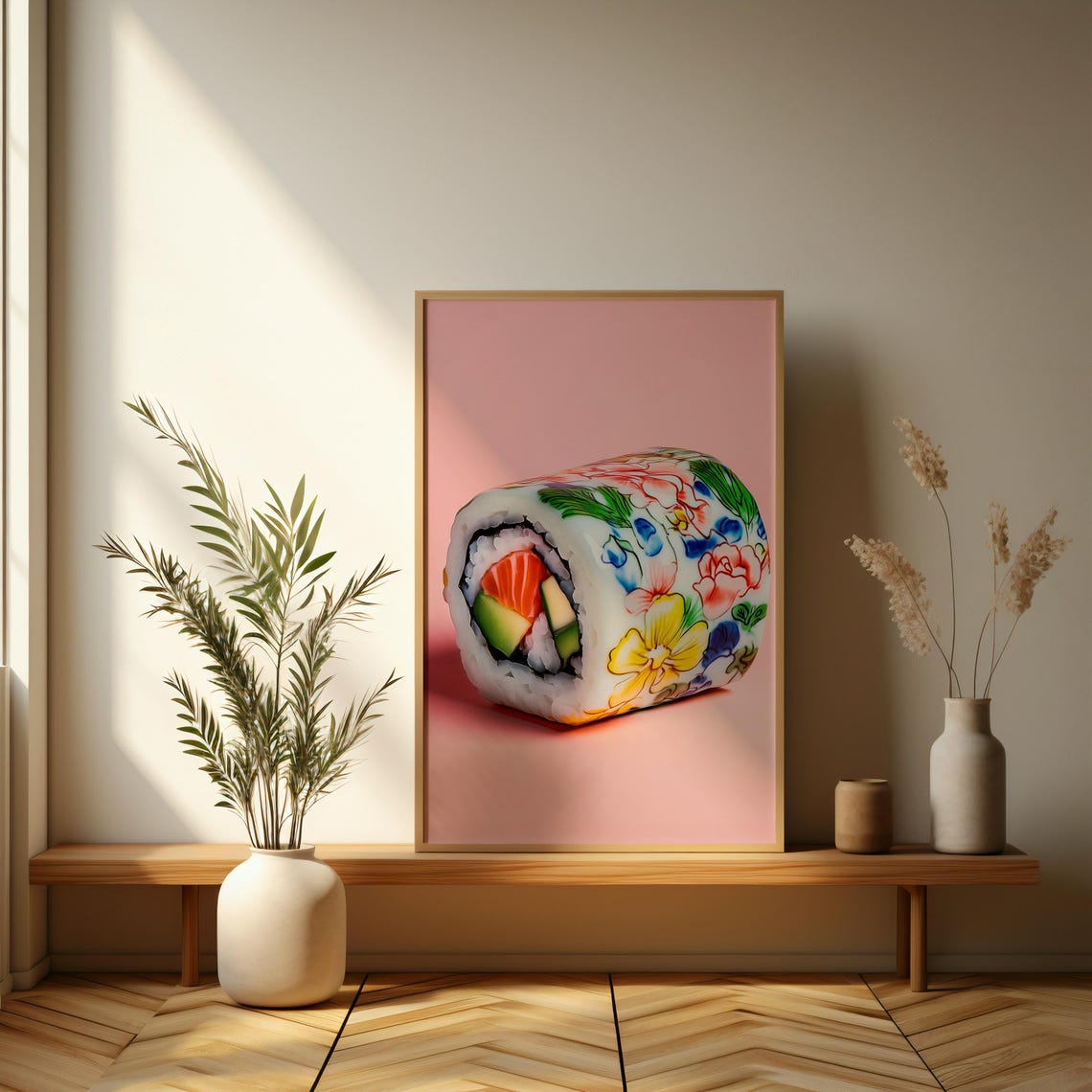 Floral Decorated Sushi Roll on Pink Background Quirky Art Poster - Image 3