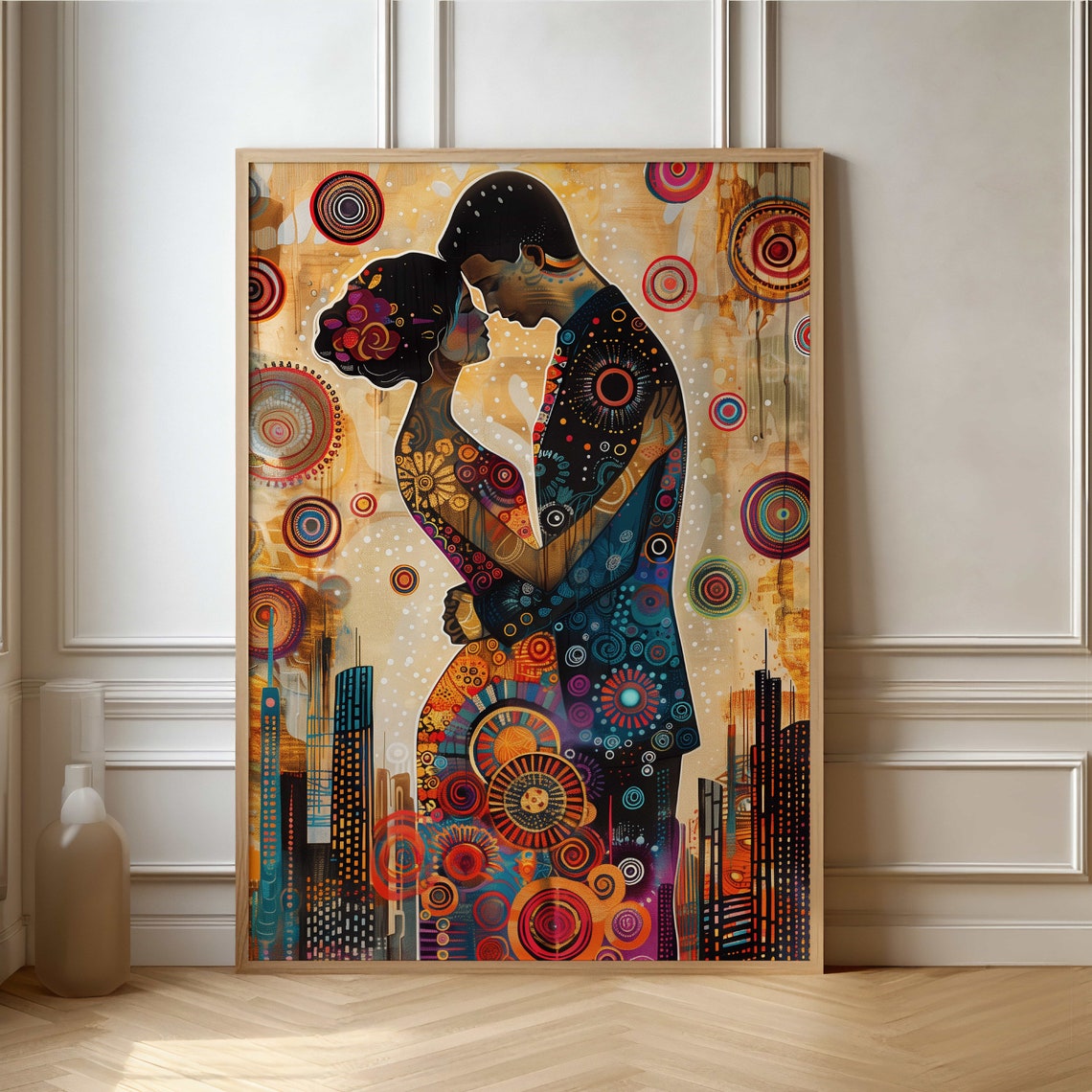 Romantic Couple Embracing African Patterned Celebration Art Poster