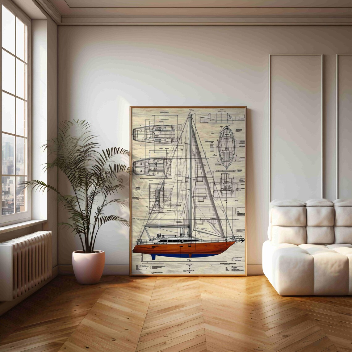 Vintage Sailing Yacht Blueprint, Nautical Wall Art Print - Image 2