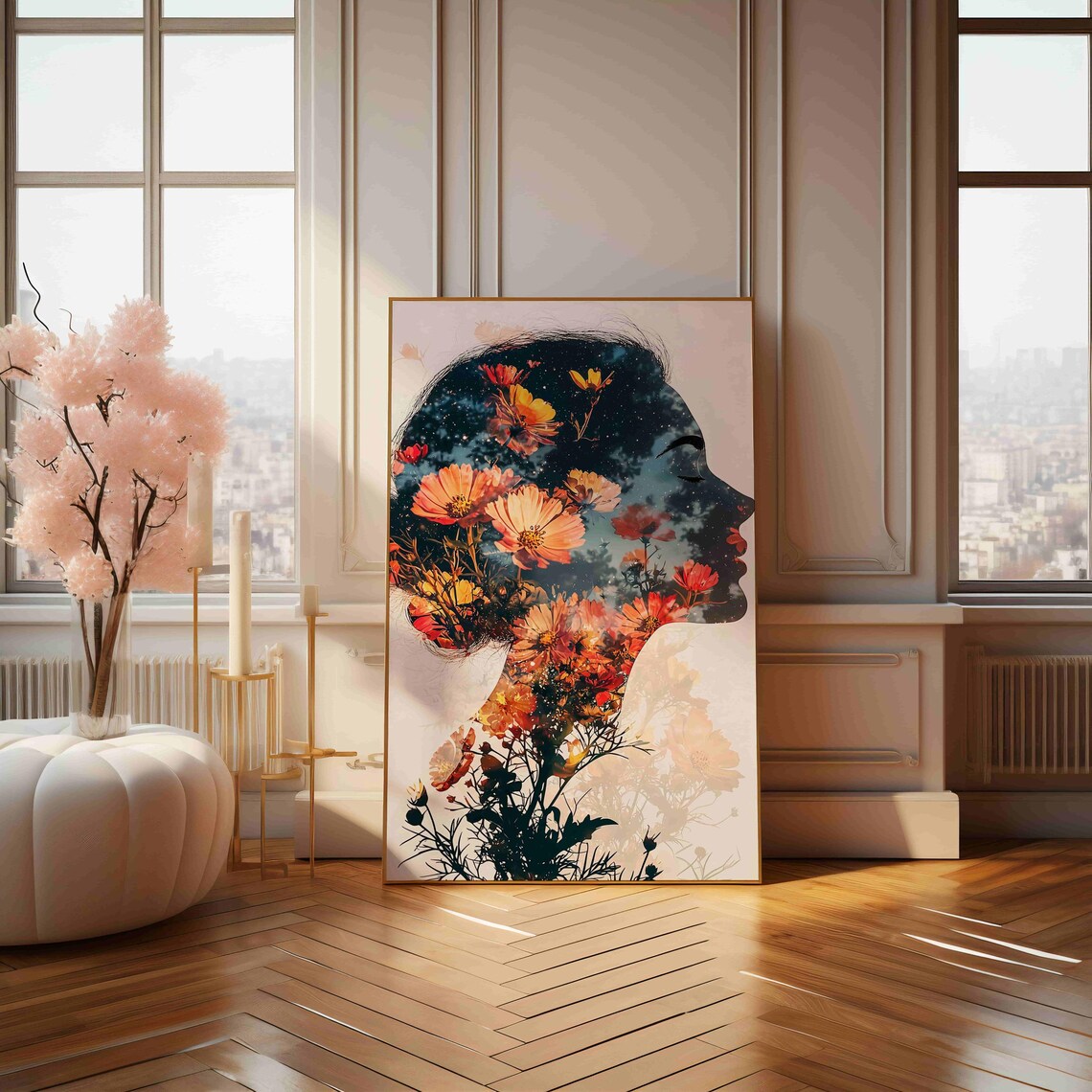 Double Exposure Flower Filled Woman Profile Night Sky Poster - Image 4