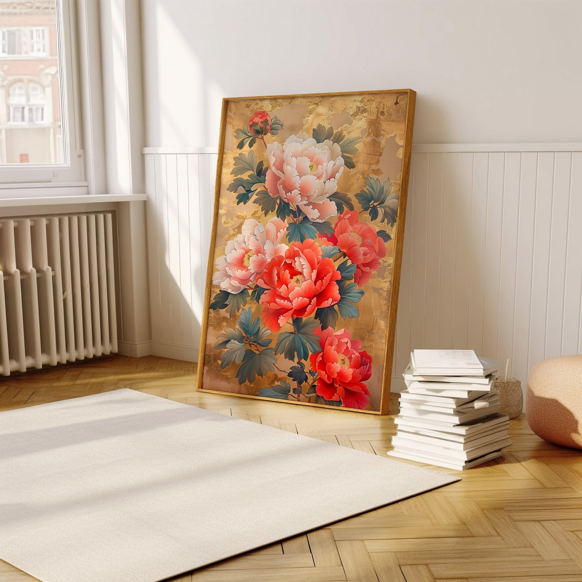 Red and Pink Peonies on a Gold Leaf Background Floral Art Poster - Image 5