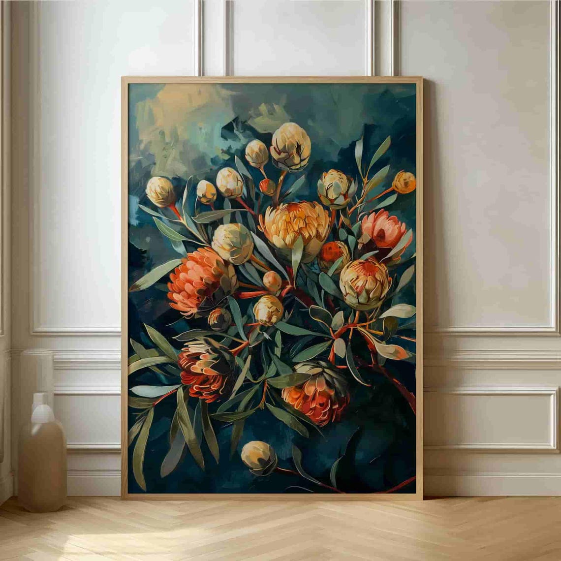 Orange Protea Buds Bouquet on Deep Teal Painterly Art Decor Poster