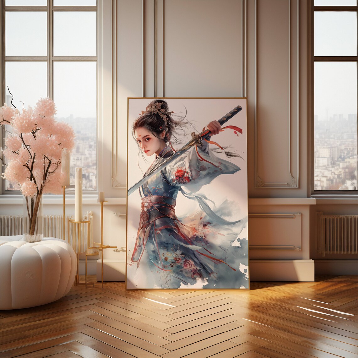 Asian Swordswoman Watercolor Elegant Warrior Woman Fantasy Art Print - Image 4
