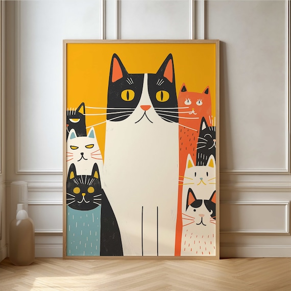 Cartoon Cat Family Group On Bright Yellow Background Art Poster