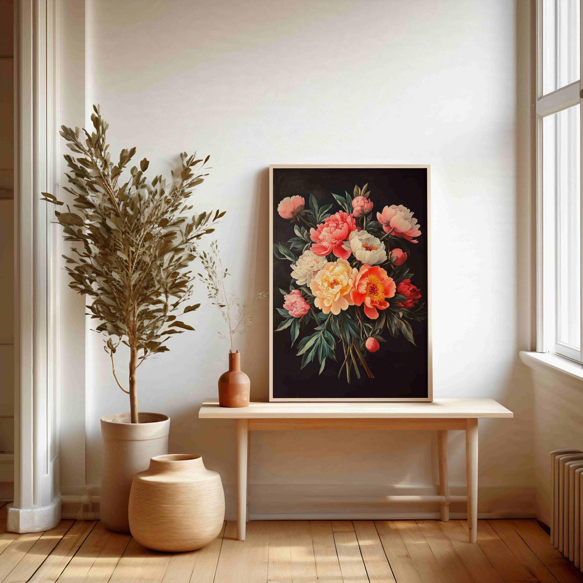 Coral Peony Bouquet On Black Vintage Botanical Still Life Art Print - Image 2