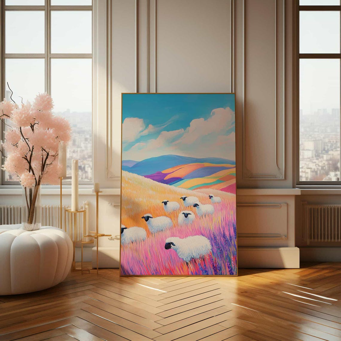 Whimsical Sheep in Colorful Rainbow Meadow Pastel Painting Poster - Image 4