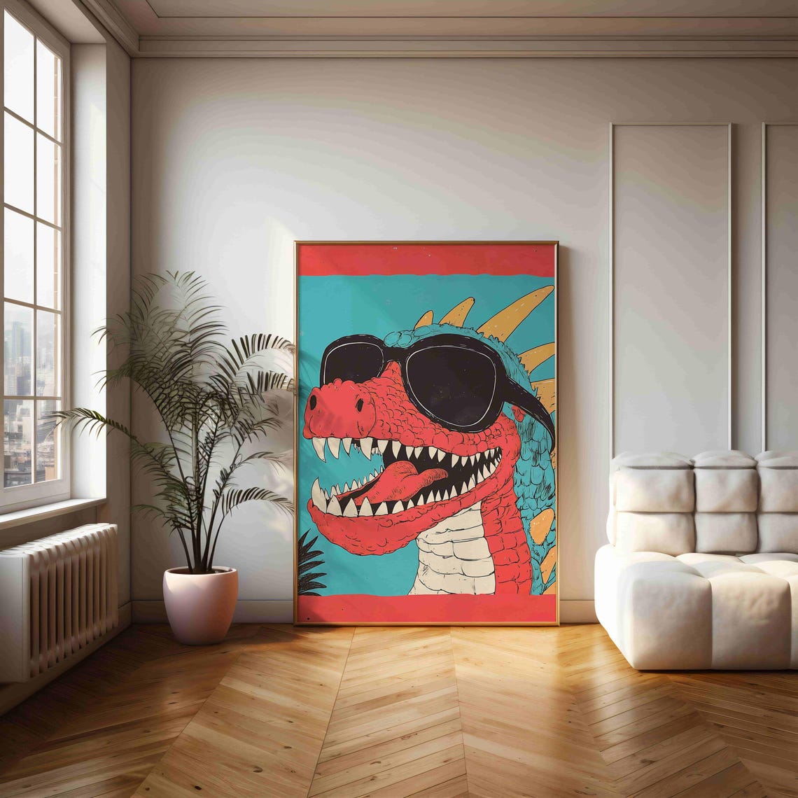 Retro Red Dinosaur Wearing Sunglasses Bold Pop Art Kids Poster - Image 2