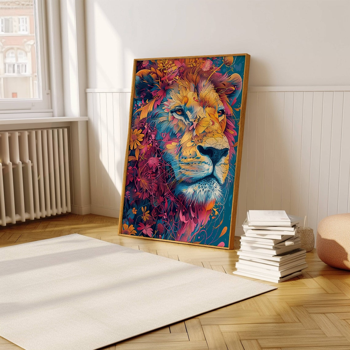 Colorful Lion Portrait With Floral Mane on a Teal Canvas Poster - Image 2