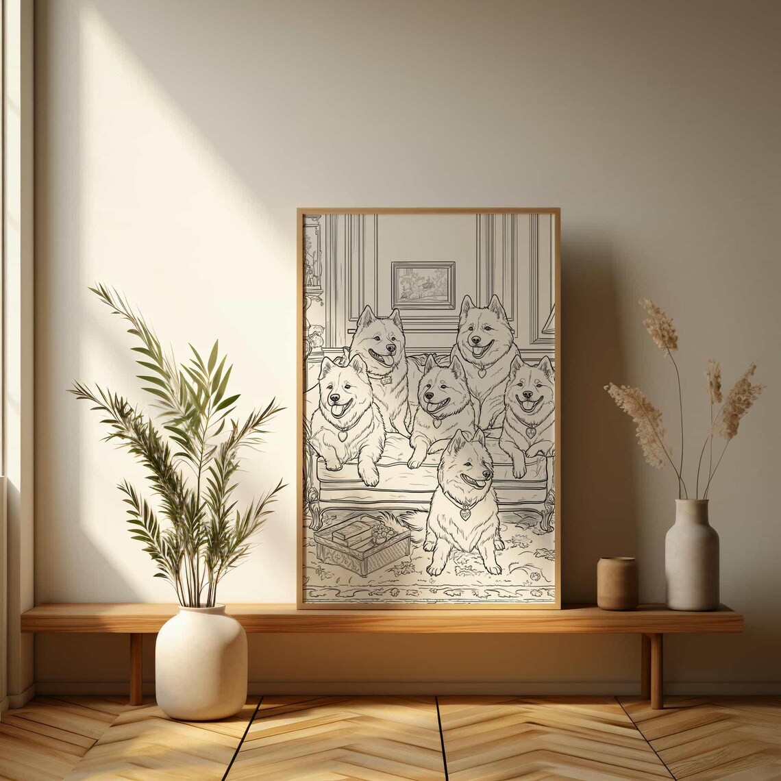 Six Samoyed Dogs Family Portrait Line Art Illustration Poster - Image 3