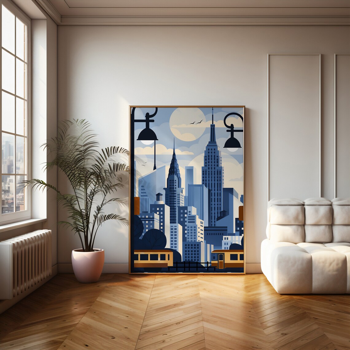 New York Skyline With Streetcar and Moon in Blue and Grey Poster - Image 2