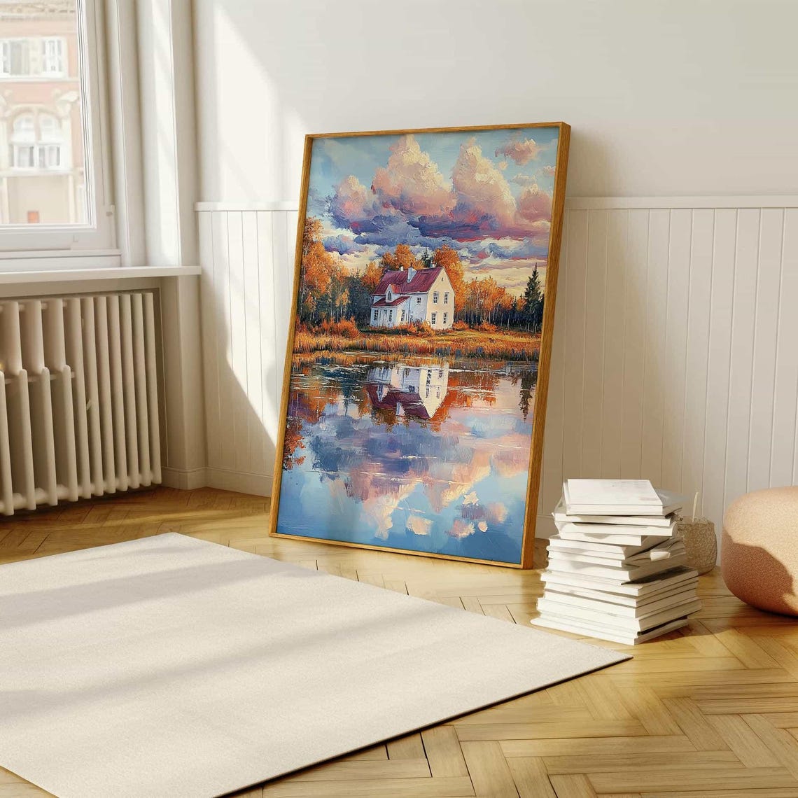 White Lakeside House with Red Roof Autumn Reflection Painting Poster - Image 5