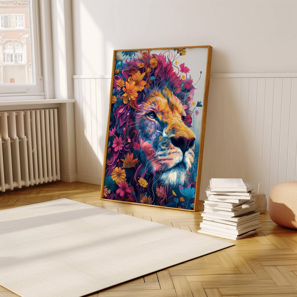 Lion Profile Portrait With Pink Floral Mane Colorful Art Poster - Image 4
