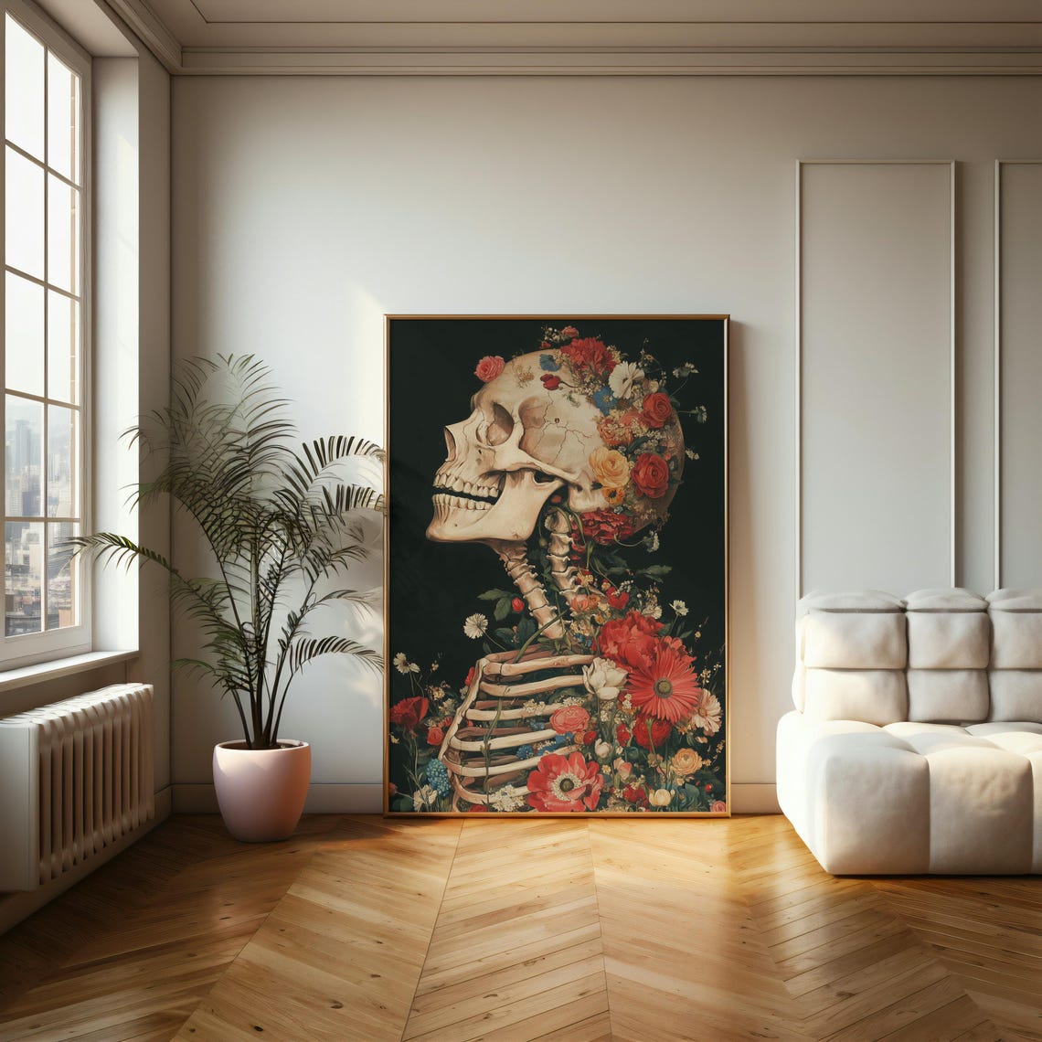 Human Skeleton with Blooming Flowers Dark Botanical Art Poster - Image 2