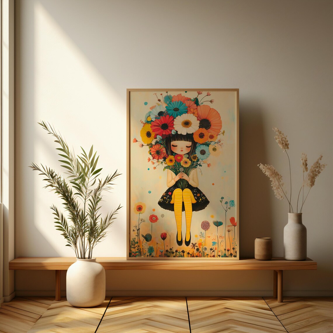 Sweet Girl Holding Giant Flower Bouquet Whimsical Illustration Poster - Image 3