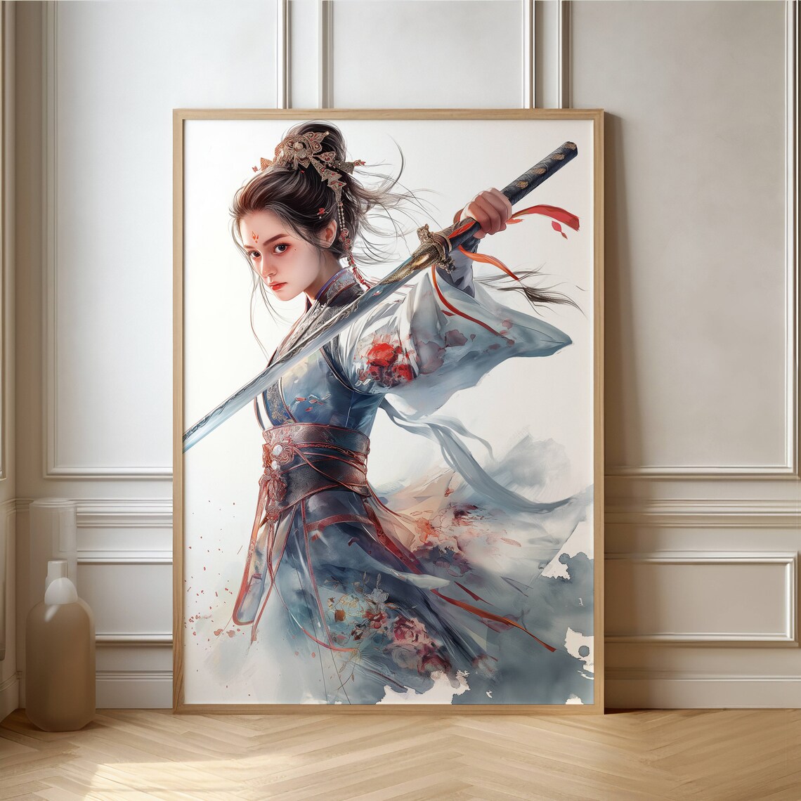 Asian Swordswoman Watercolor Elegant Warrior Woman Fantasy Art Print