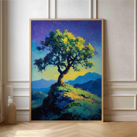Majestic Tree In Mountains Poster Impressionist Landscape Art Print