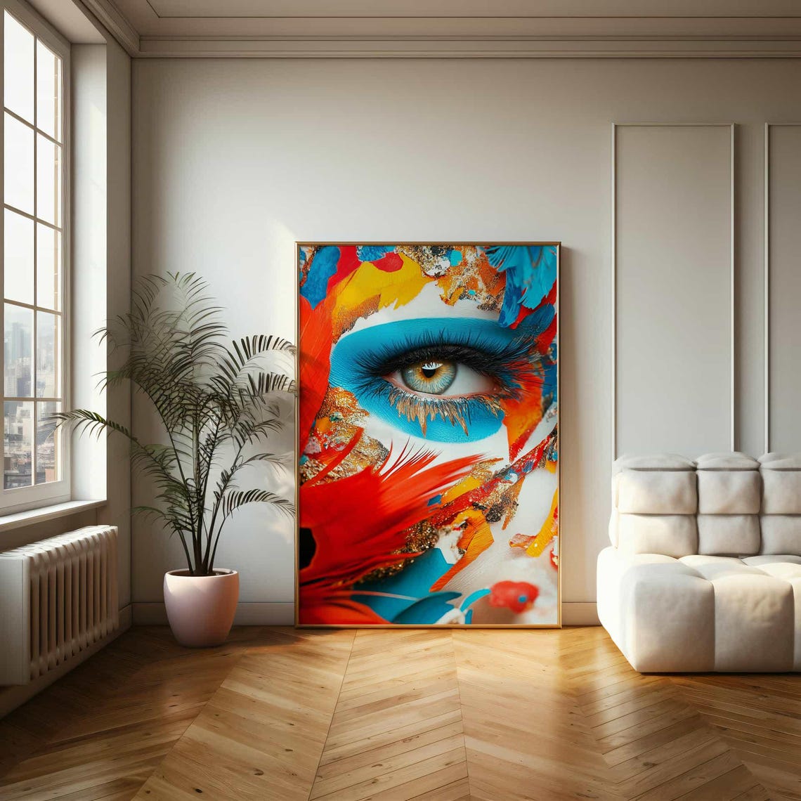 Macro Eye with Blue Shadow and Feathers Vibrant Modern Art Poster - Image 2