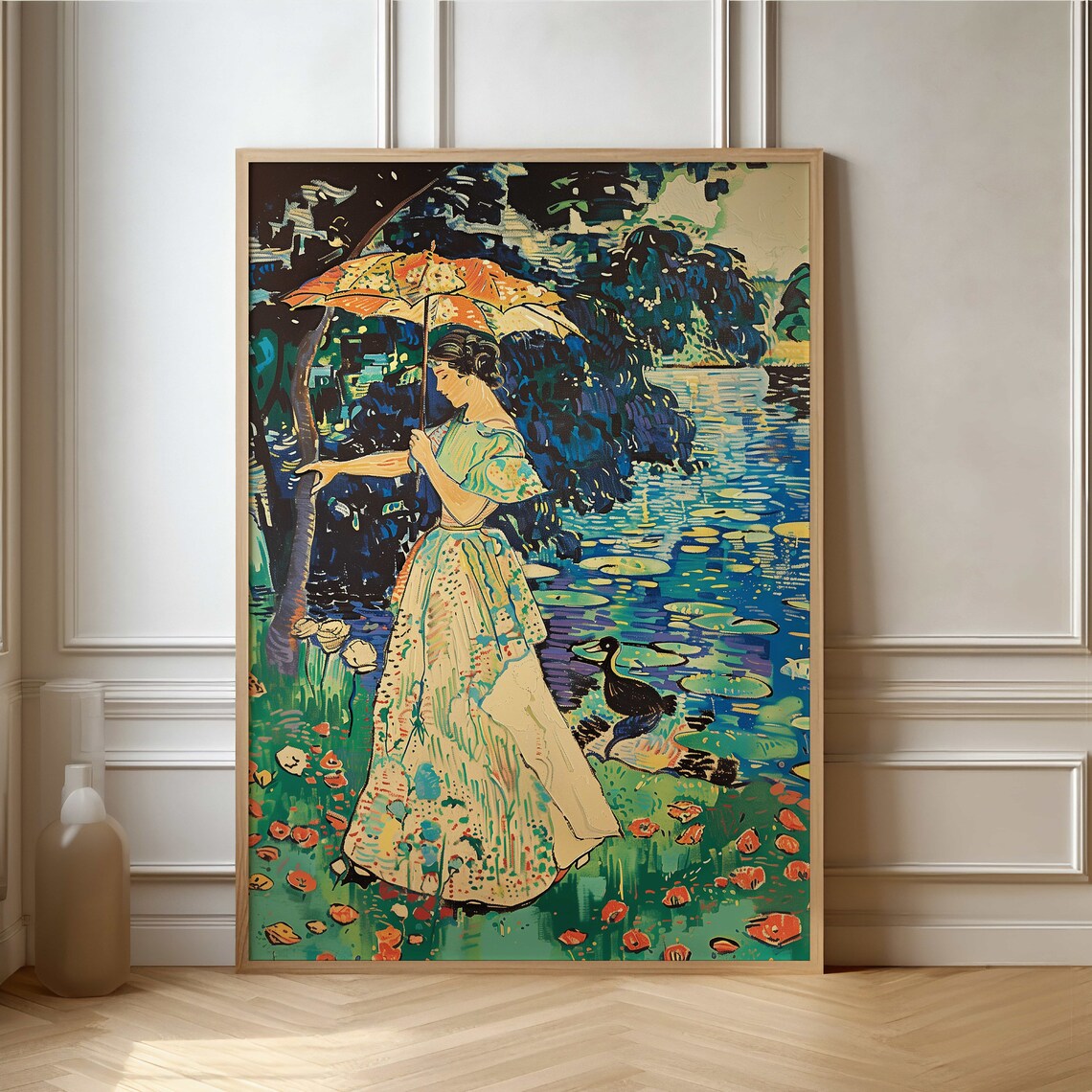 Vintage Lady With Parasol by a Lily Pond Impressionist Poster