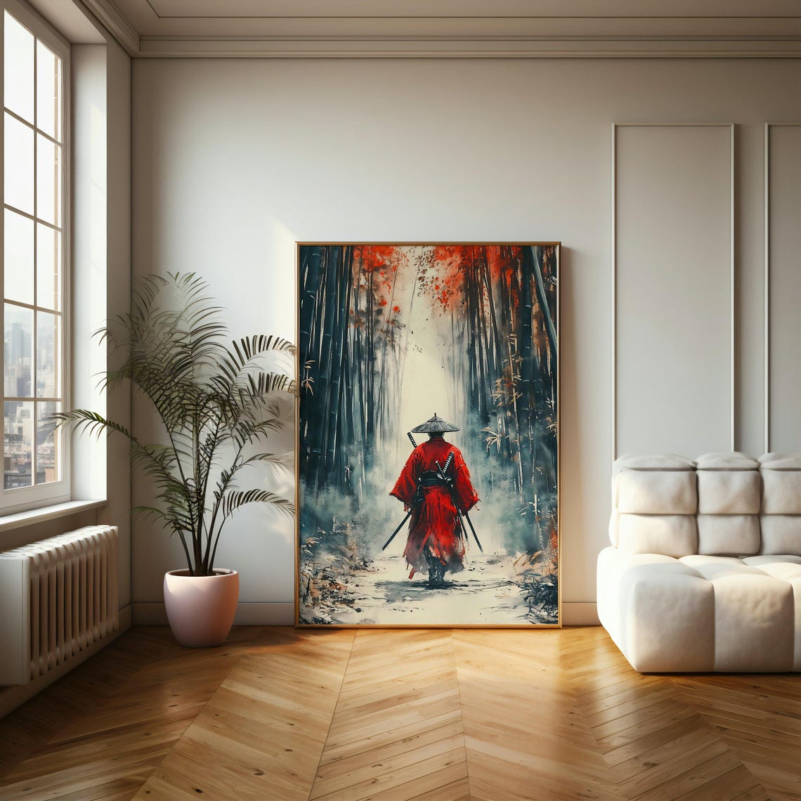 Samurai In Red Robe Walking Through Misty Bamboo Forest Asian Poster - Image 2