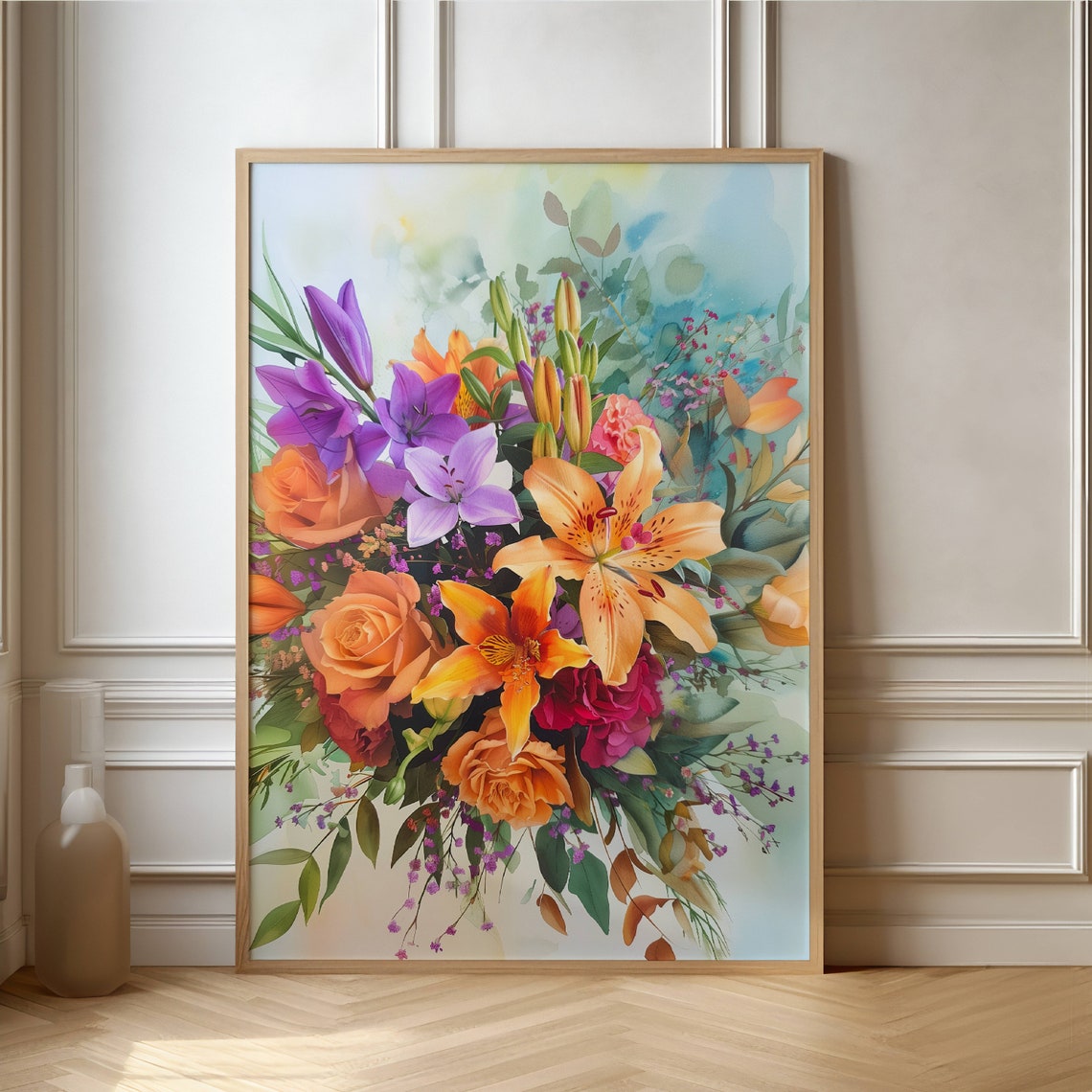 Vibrant Watercolor Bouquet With Lilies And Roses Floral Poster