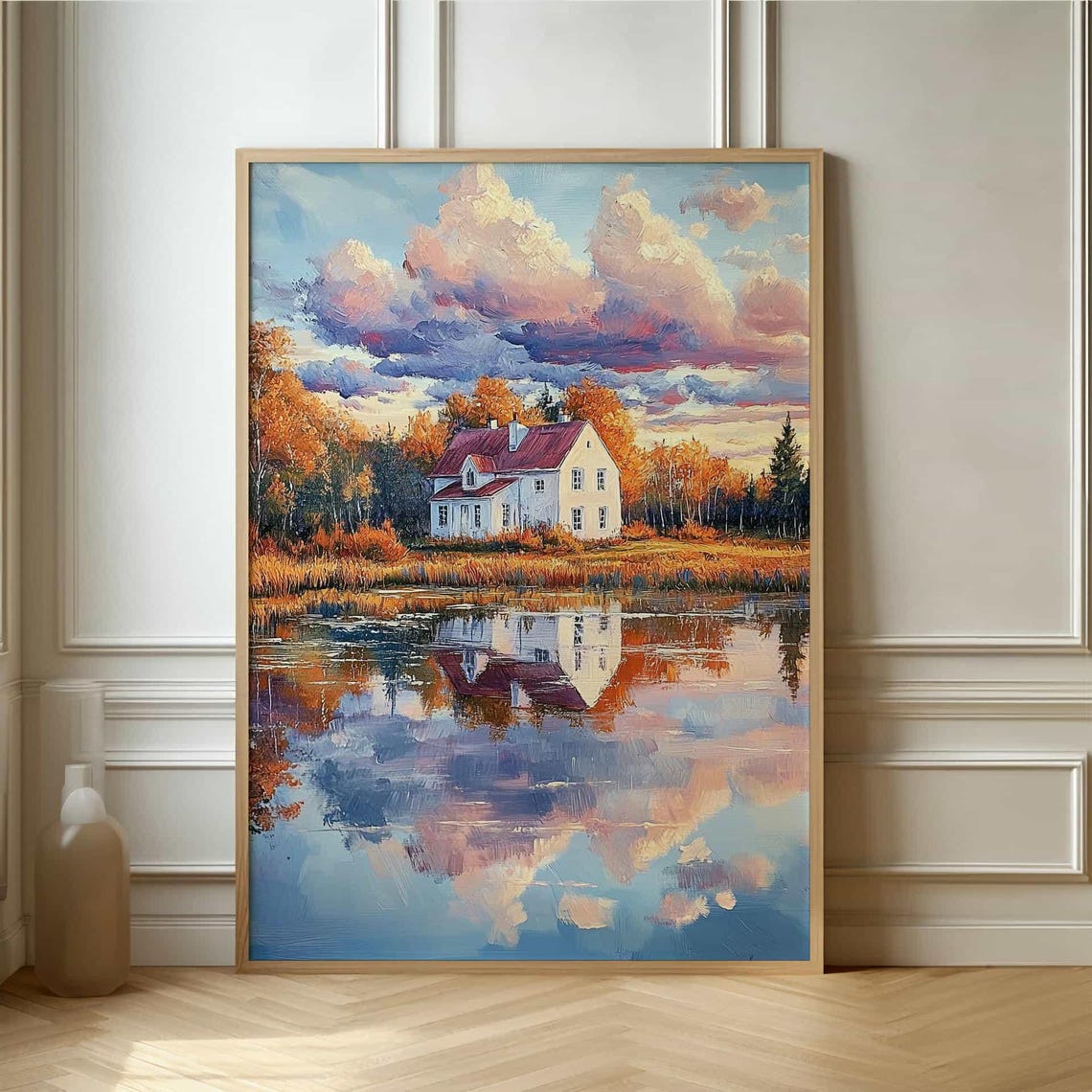 White Lakeside House with Red Roof Autumn Reflection Painting Poster