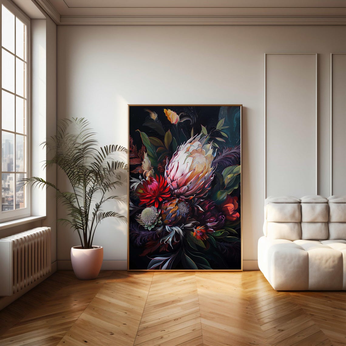 Moody Dark Botanical Bouquet with King Proteas Painting Art Poster - Image 2