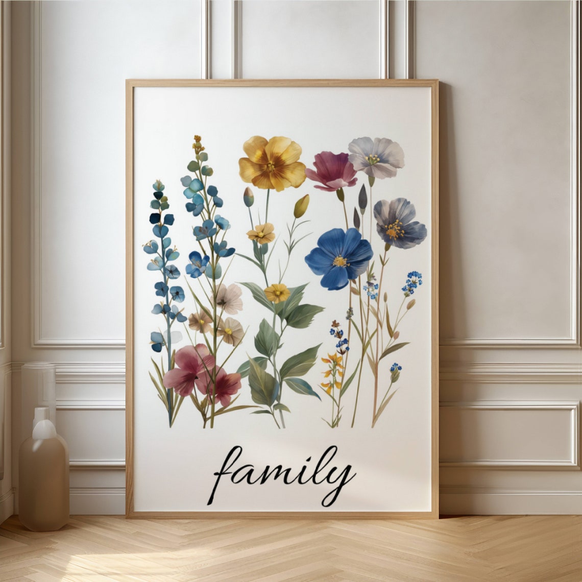 Watercolor Wildflowers With Family Script Typography Art Print