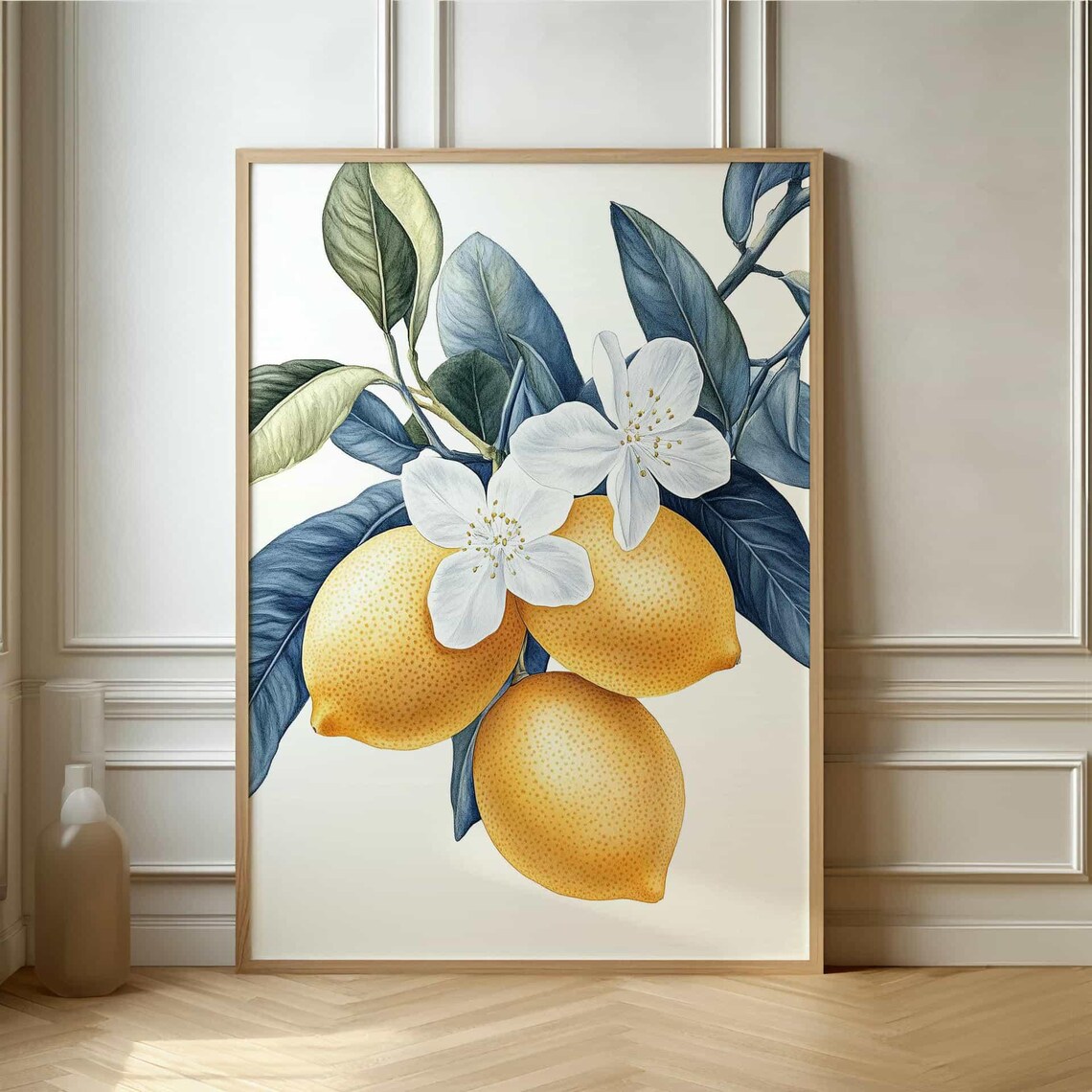 Yellow Lemon Branch with Blossoms Botanical Watercolor Art Poster