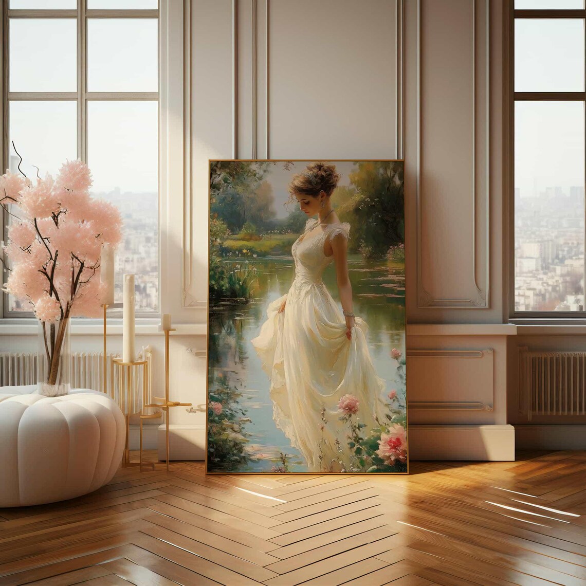 Woman in White Dress by Lily Pond Romantic Garden Painting Poster - Image 4