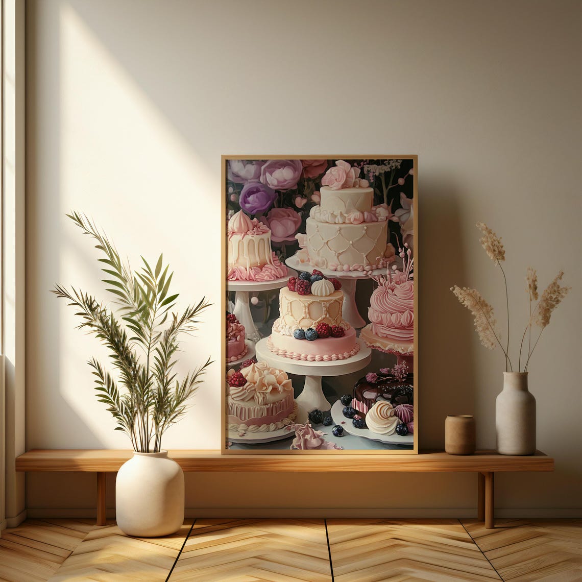 Pink Layer Cakes and Berry Desserts Still Life Bakery Wall Poster - Image 3