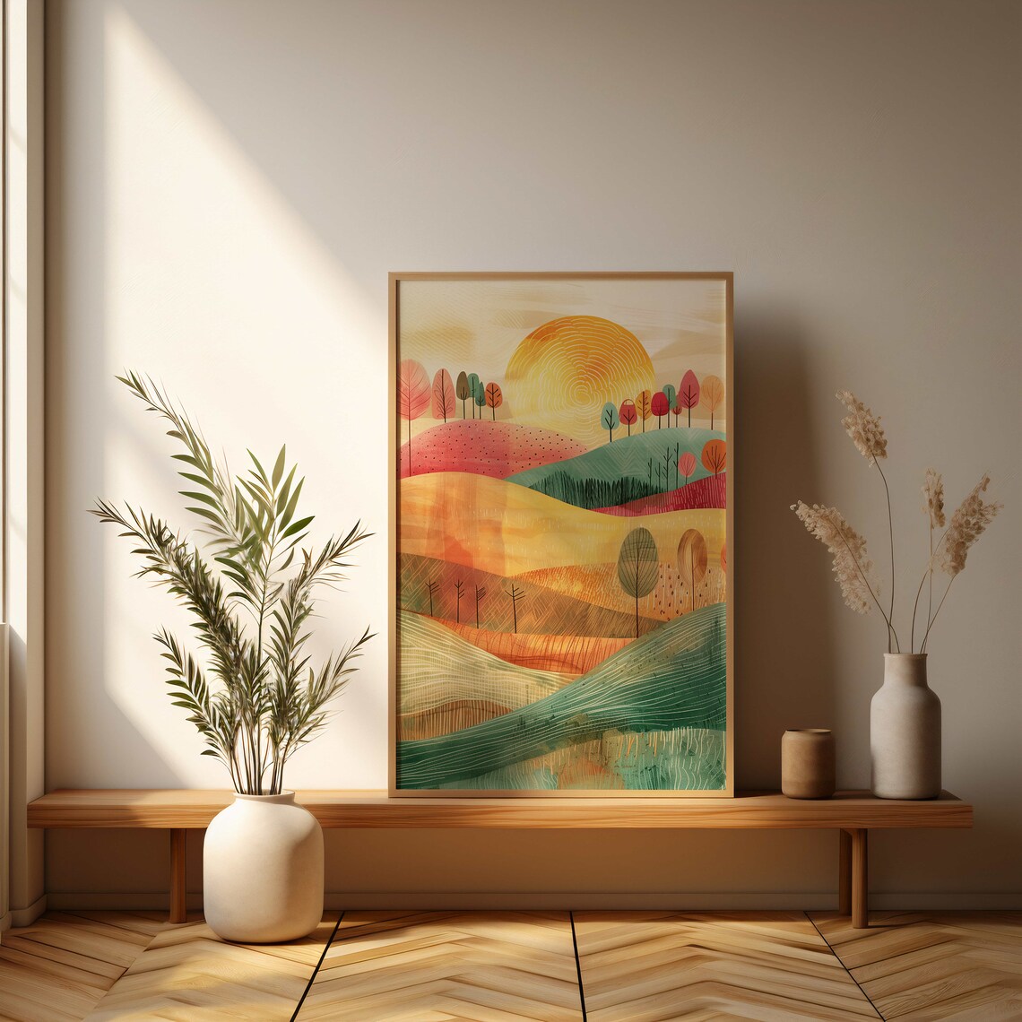 Whimsical Autumn Tree Over Colorful Rolling Hills Landscape Poster - Image 3