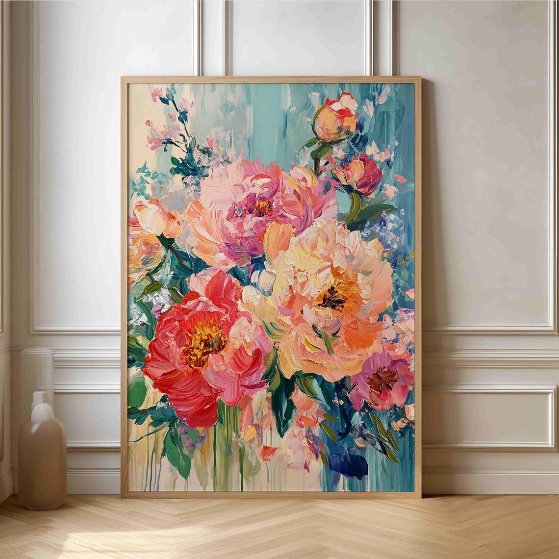 Impressionist Pink Peony Bouquet Acrylic Flower Painting Art Print