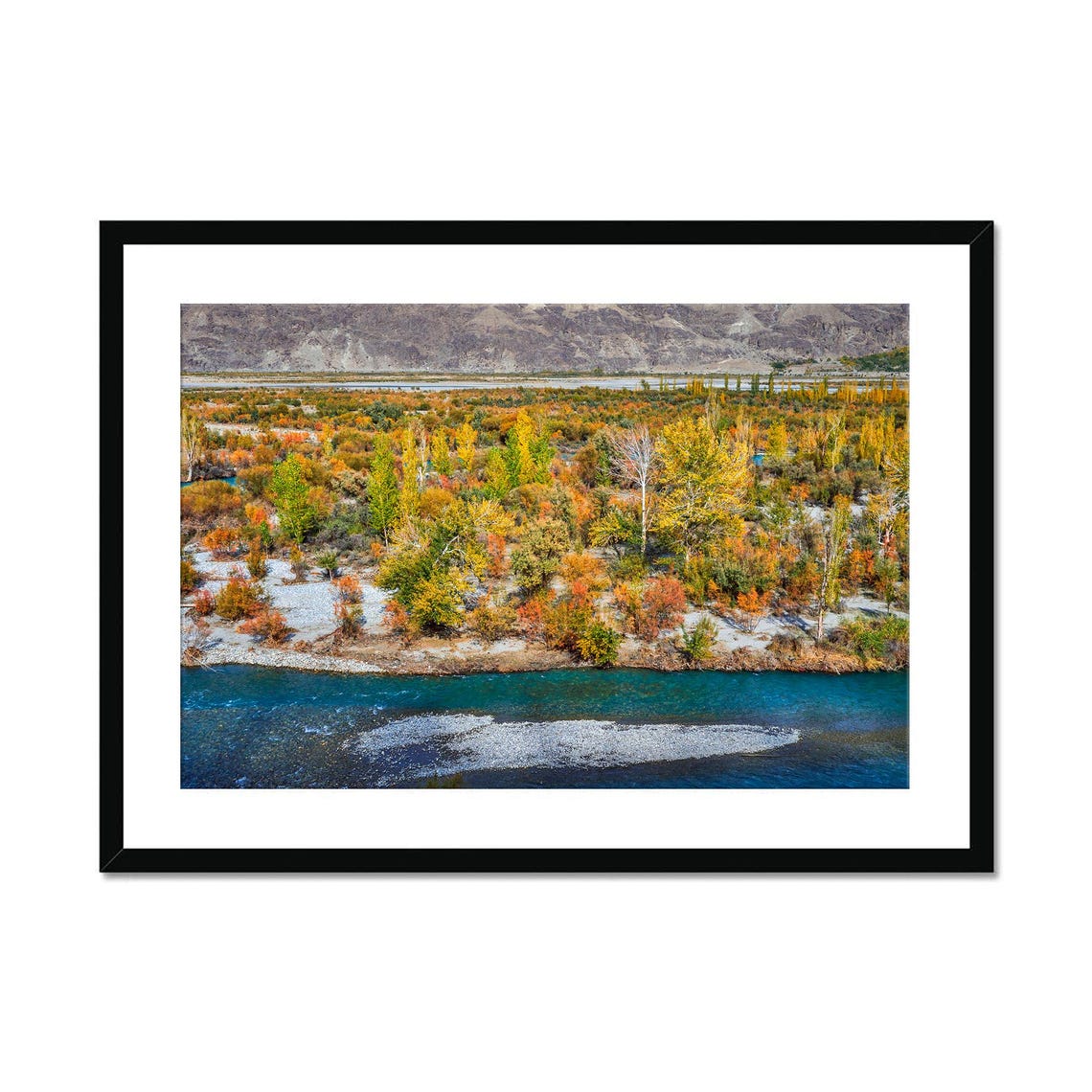 Golden Autumn Trees By Turquoise River Mountain Landscape Poster