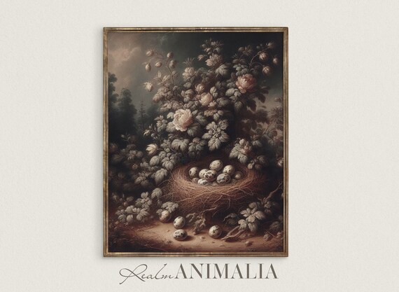 Birds Nest With Eggs Vintage Painting Moody Spring Floral Scenery Fine Art Print Antique Summer Landscape Wall Decor Bn003