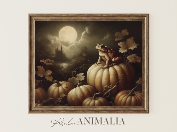 Moonlit Toad On Pumpkins Night Castle Vintage Halloween Landscape Art Poster