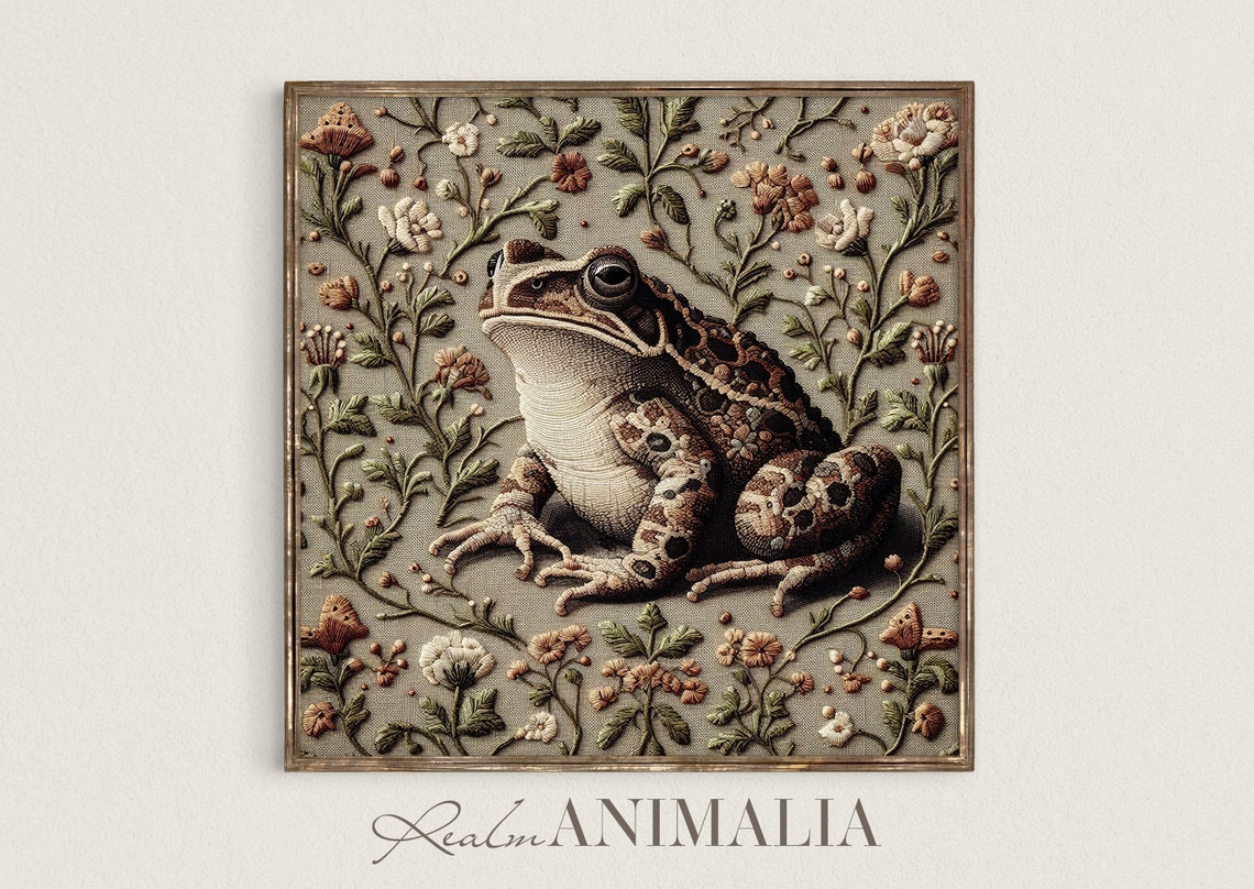 Toad Botanical Embroidery Style Square Floral Textile Neutral Poster