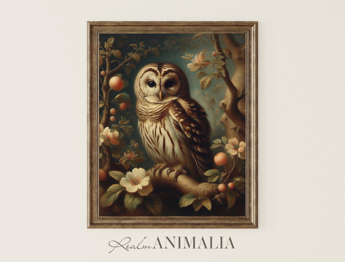 Vintage Barred Owl Oil Painting Blossoming Branch Rustic Bird Poster