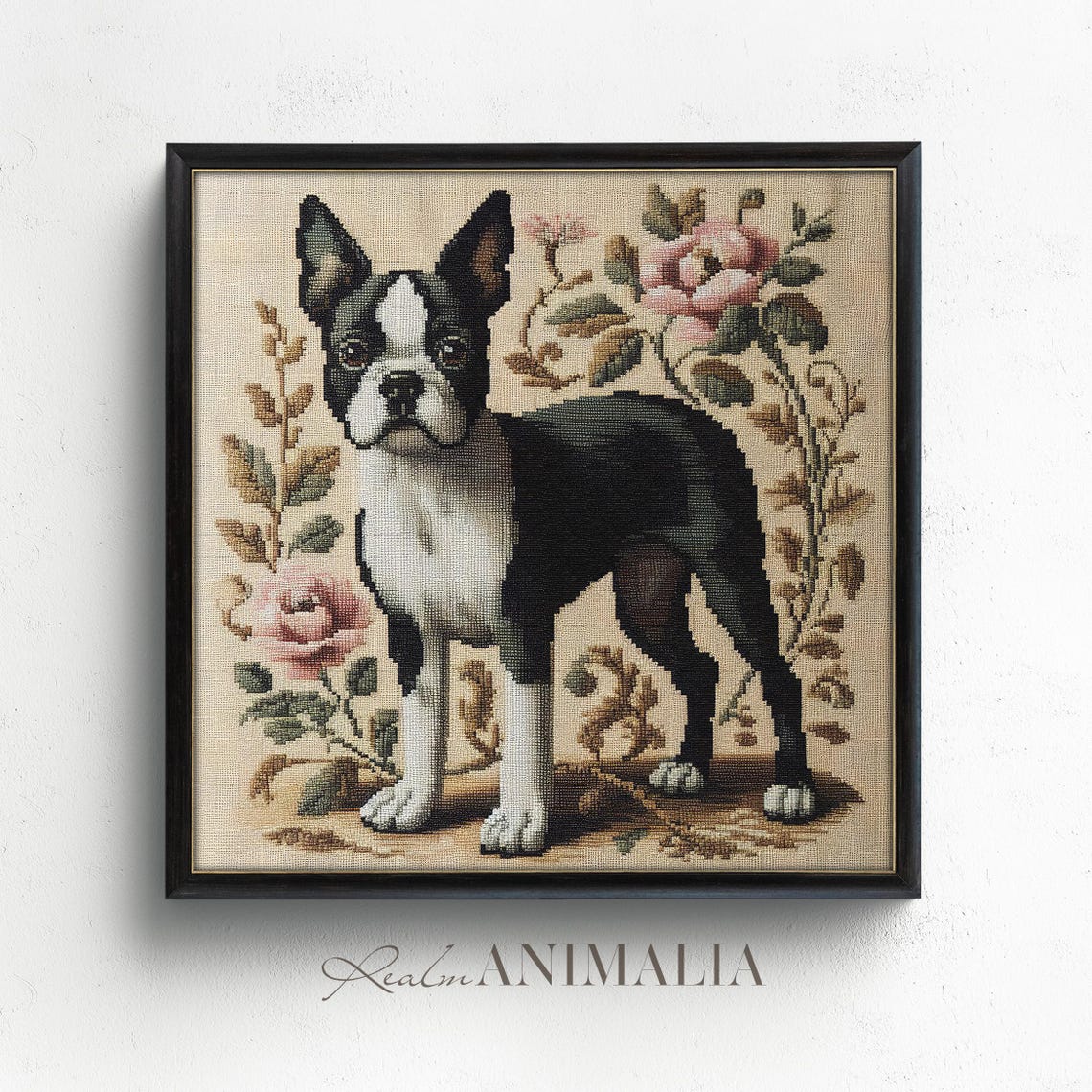 Boston Terrier Among Pink Roses Vintage Needlepoint Tapestry Art Print - Image 2