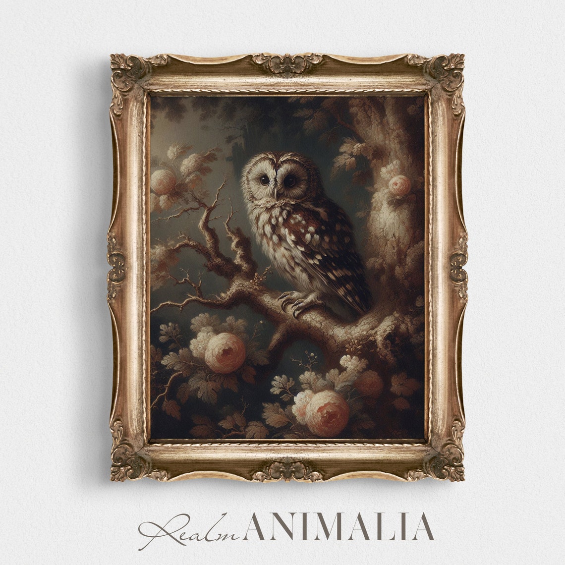 Vintage Owl Perched On Branch With Pink Blossoms Dark Moody Art Poster - Image 4