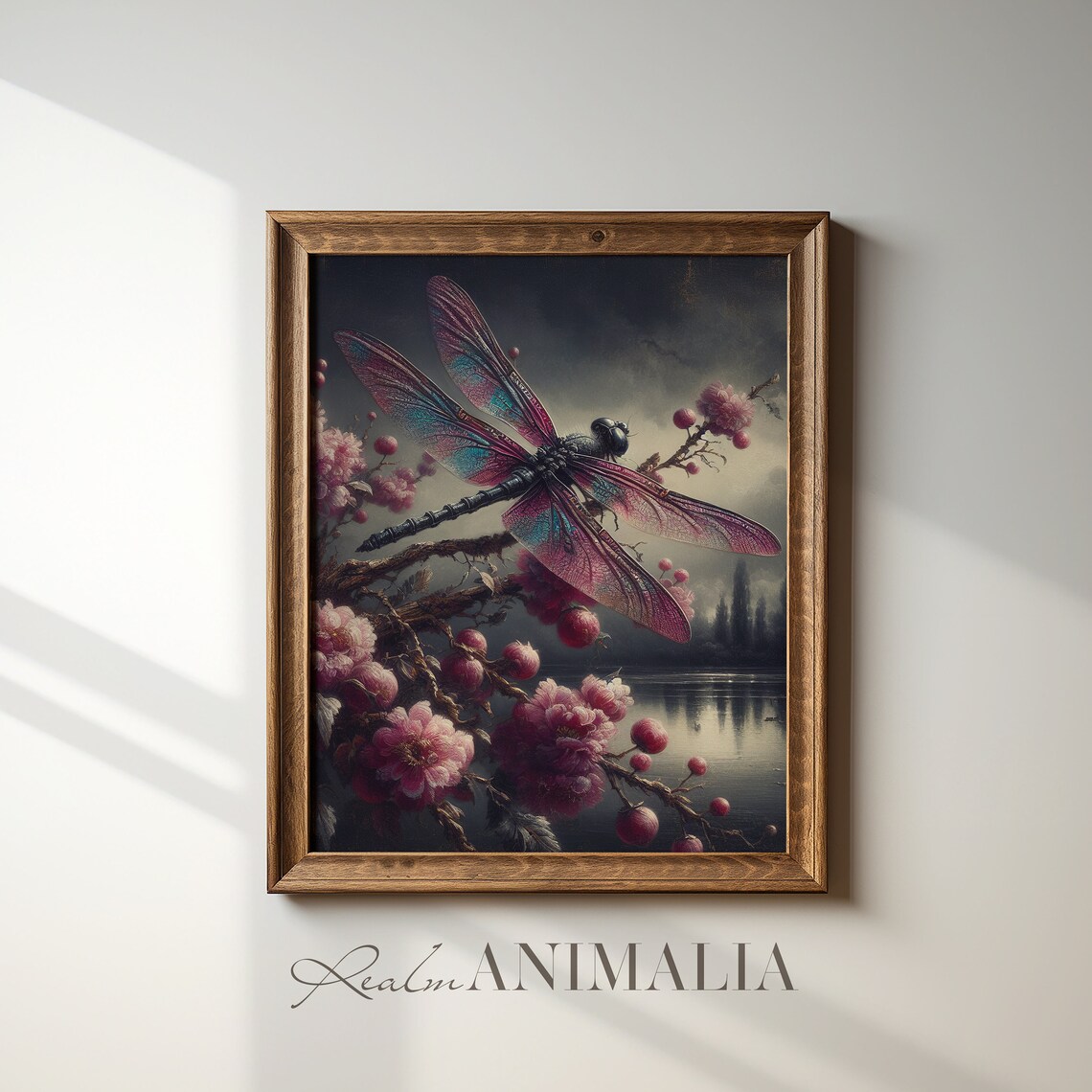 Dragonfly Vintage Oil Painting Iridescent Wings Blossom Lake Twilight Print - Image 2
