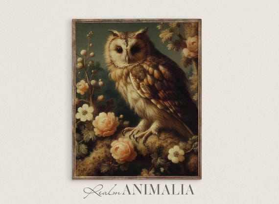 Vintage Botanical Owl Art Print, Cottagecore Floral