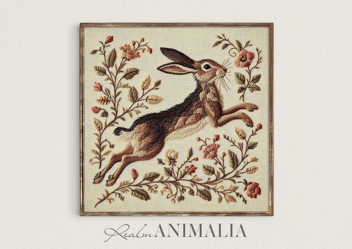Botanical Rabbit Embroidery Art Print, Vintage Textile - Image 2