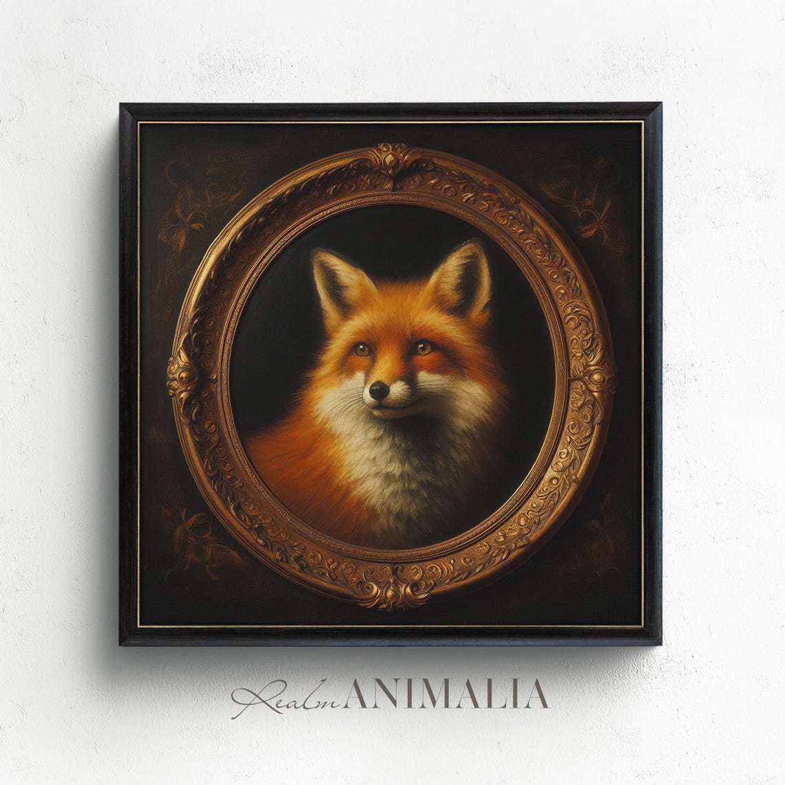 Red Fox Portrait In Ornate Gold Oval Frame Dark Moody Wall Art - Image 4