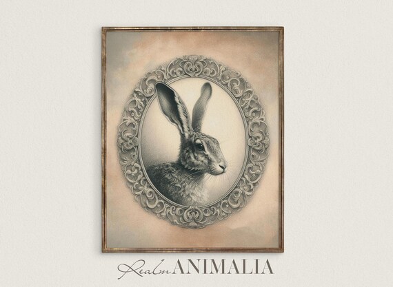 Rabbit Sketch Vintage Hare Illustration Neutral Spring Framed Oval Drawing Print