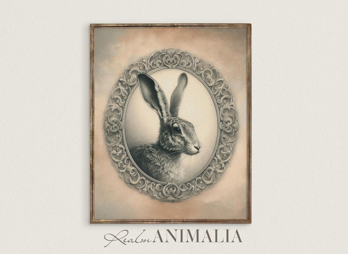 Rabbit Sketch Vintage Hare Illustration Neutral Spring Framed Oval Drawing Print