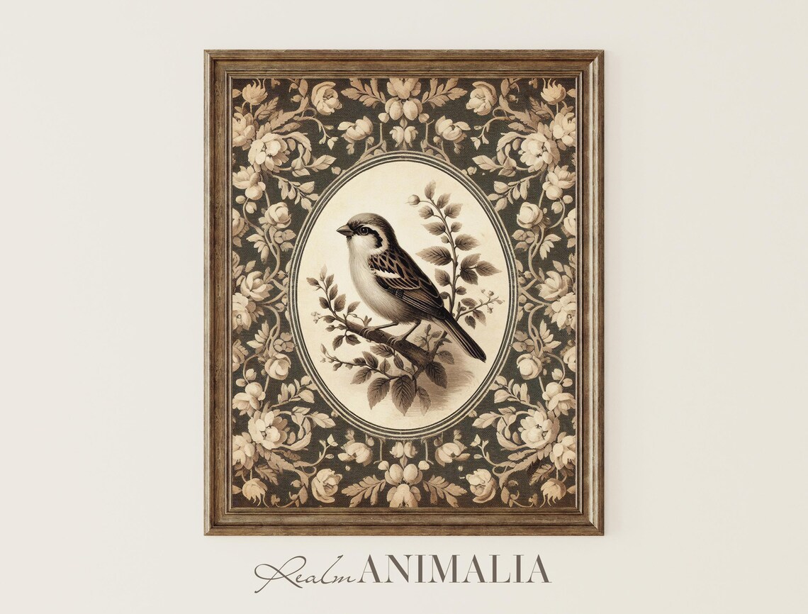Vintage Sparrow Bird Art Print, Neutral Floral Cottage