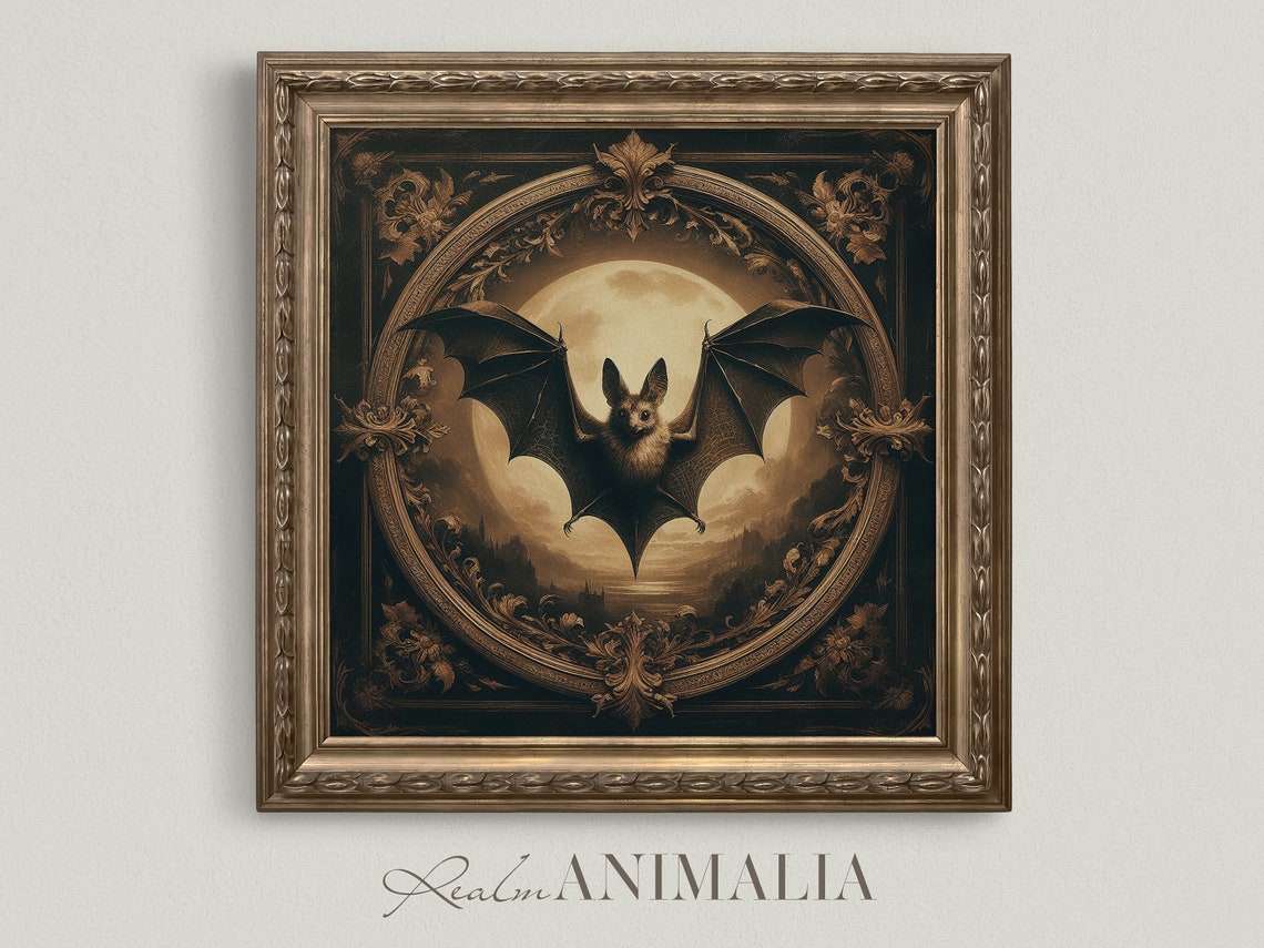 Dark Bat Before Full Moon Ornate Gold Frame Gothic Animal Art Print