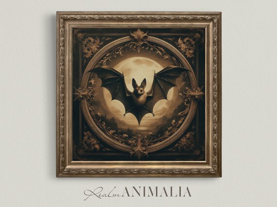Dark Bat Before Full Moon Ornate Gold Frame Gothic Animal Art Print
