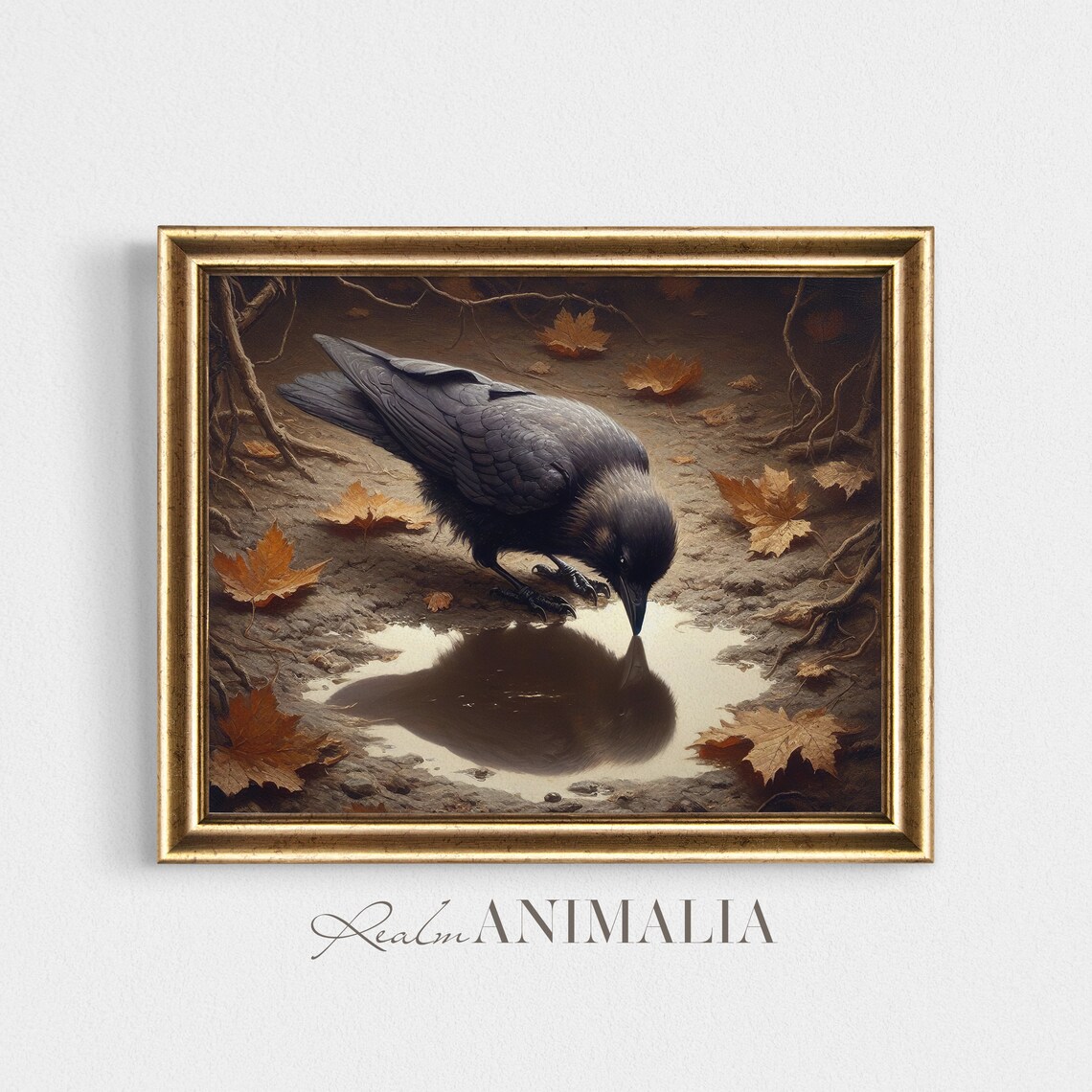 Autumn Crow Vintage Oil Painting Drinking Puddle Fallen Leaves Moody Poster - Image 4